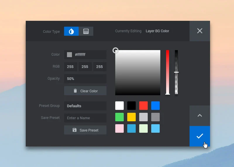 Color picker with 50% opacity set for overlay in Slider Revolution