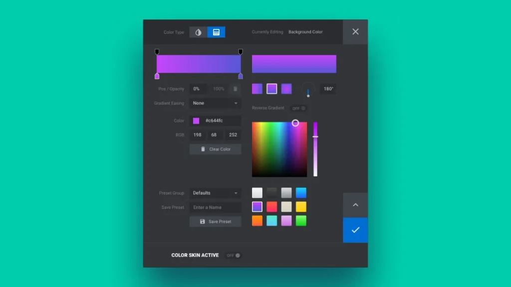 Slider Revolution color picker dialogue with opacity slider highlighted