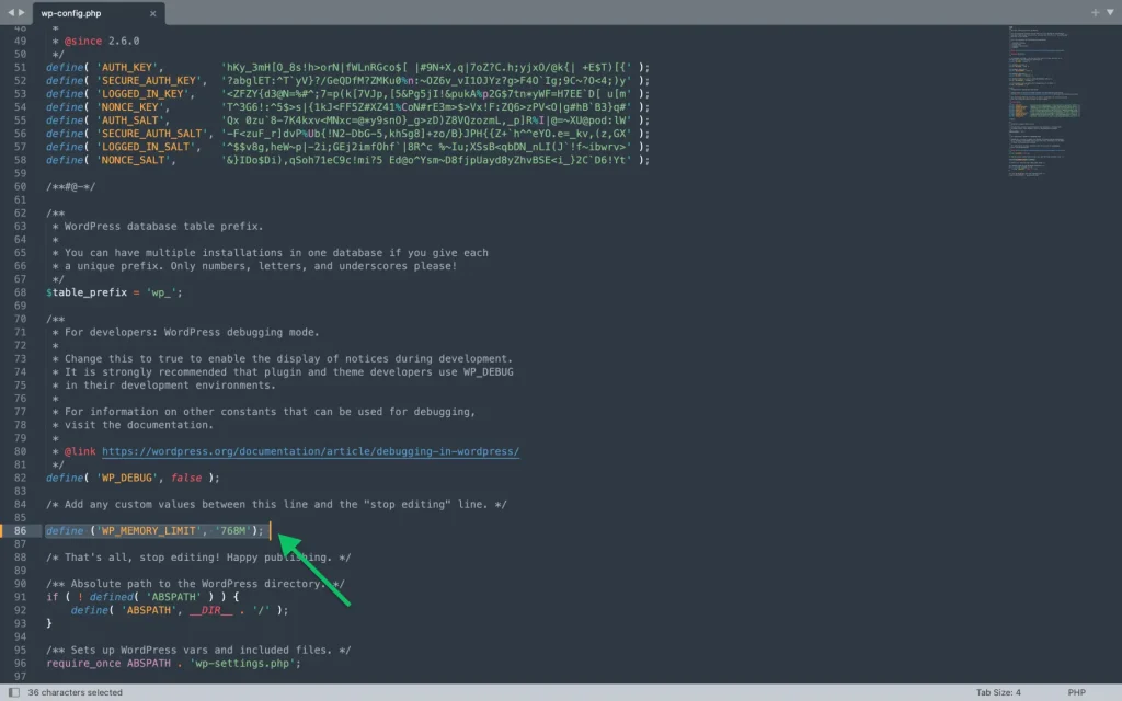Adding define WP_MEMORY_LIMIT in wp-config.php file editor