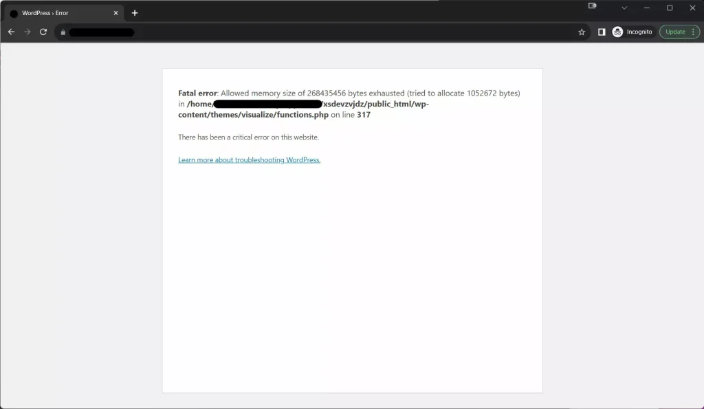 WordPress critical error screen due to allowed memory size exhausted.